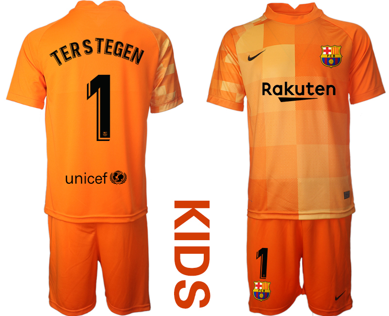 Youth 2021-2022 Club Barcelona orange red goalkeeper #1 Soccer Jersey->youth soccer jersey->Youth Jersey